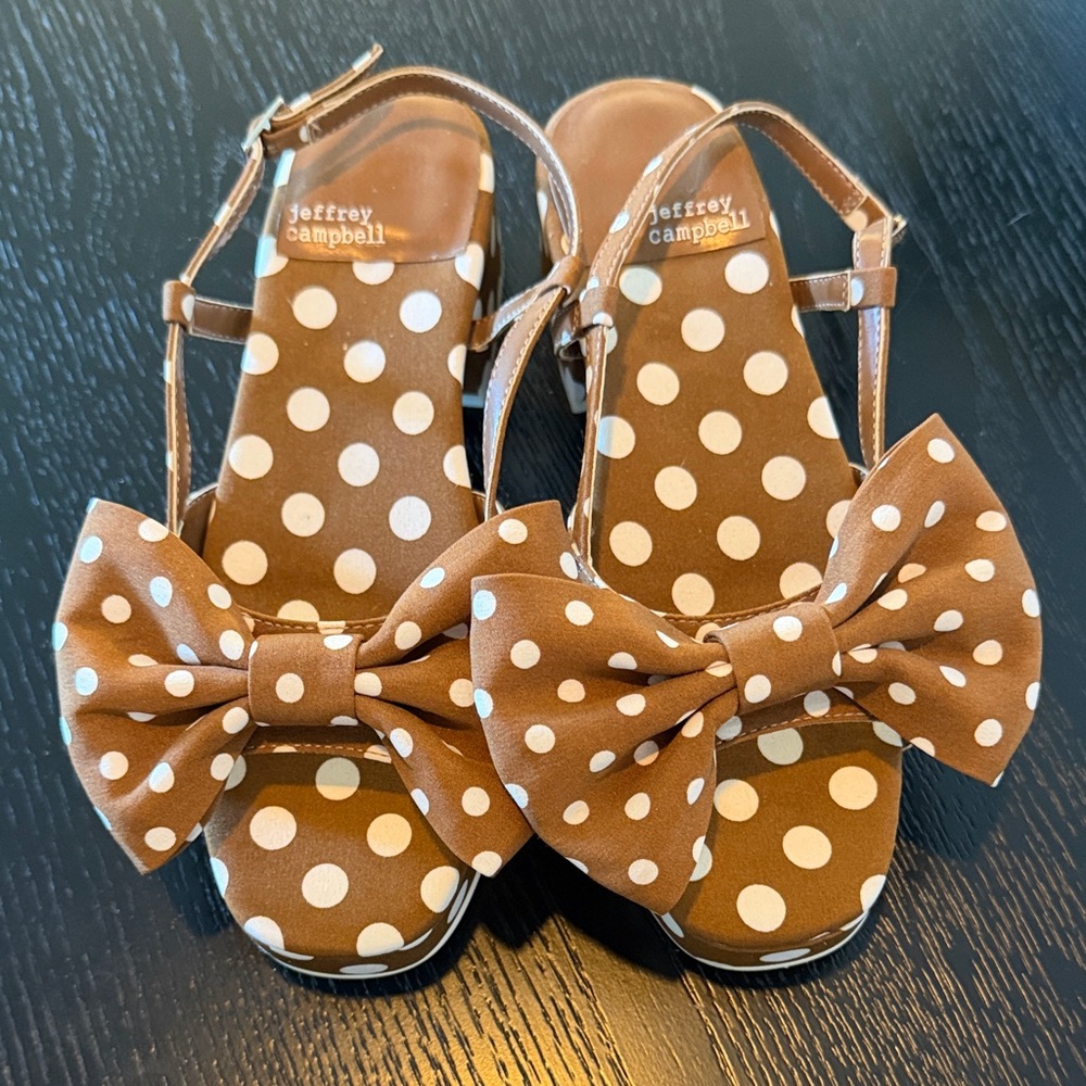 Jeffrey Campbell Brown and White Polka Dot Bow Platform Sandals